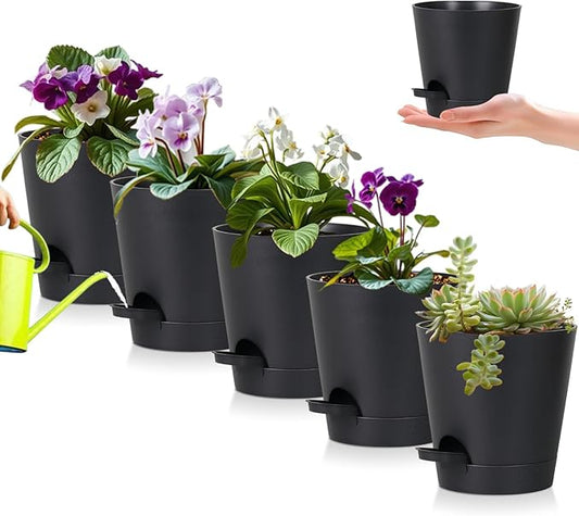 5 Pack 5 inch Self-Watering Pots, African Violets Planter with Drainage Holes and Reservoir, Black Plastic Planter for Indoor Outdoor Plants Flowers and Houseplants Black, 5 inch 5 pcs zople
