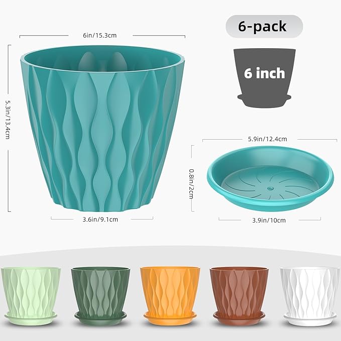 6 Pack 6 Inch Indoor Plant Pots with Drainage Holes, Outdoor Plastic Decorative Flower Pots, Garden Planters with Tray Saucers for Orchids, Violets, Succulents, Herbs, and Other Plants Rootora