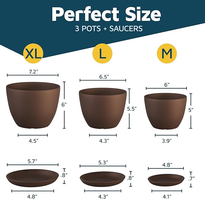 Brown Plant Pots with Drainage Holes & Saucers 3 Pack, Indoor & Outdoor Stackable Space-Saving Planters for Houseplants & Flowers, (7", 6.7", and 6" Inches), Durable & Weatherproof Materials LIFEMASTER