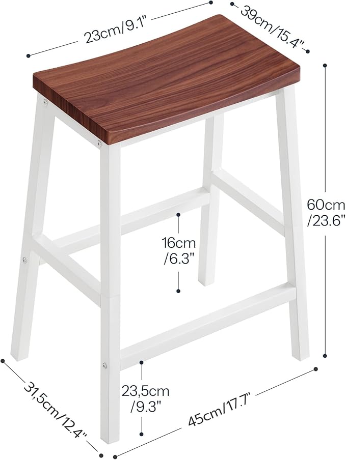 HOOBRO Bar Stools, Set of 2 Bar Chairs, 23.6 Inch Saddle Stools, Kitchen Counter Seat with Footrests, Industrial Barstools for Dining Room, Kitchen, Counter, Bar, Walnut and White HW02MD01 HOOBRO