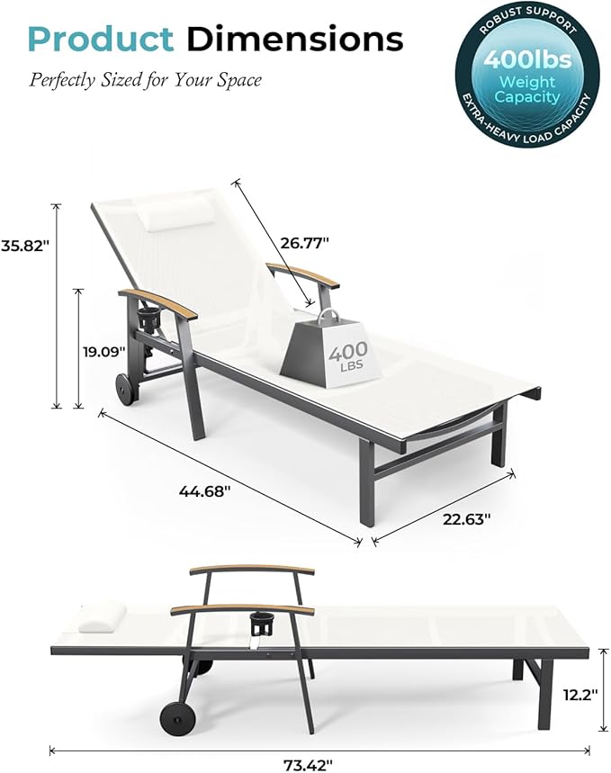 Ciokea Outdoor Lounge Chair with Pillow Set of 4, 5-Position Chaise Lounge with Wheels & Armrests, 400 lbs Heavy Duty Aluminum Pool Lounge Chairs, for Beach, Deck, Poolside & Backyard, White CIOKEA