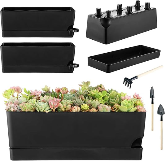 Self Watering Pots for Indoor Plants 17 Inches Window Boxes Planters Rectangular Flower Pots Rectangle Herb Pots Large Plant Pots with Drainage Holes and Saucers Windowsill Planter (4, Black) KvyusFlourish