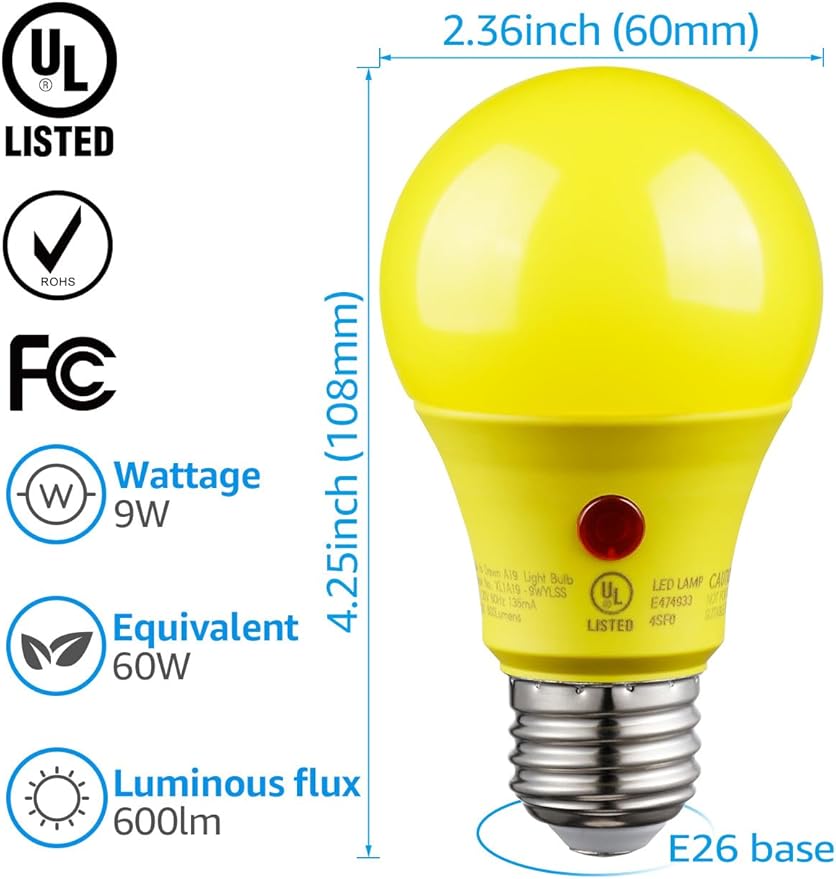 TORCHSTAR Yellow Dusk to Dawn Light Bulbs Outdoor, Sensor A19 LED Light Bulb, Auto On/Off Photocell Automatic for Outdoor Lighting, UL FCC DOE, 2700K, Pack of 4 TORCHSTAR