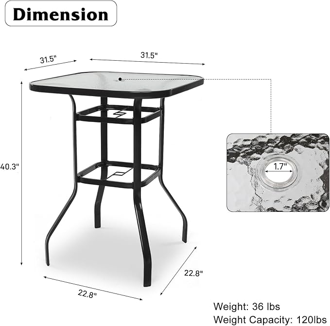 VINGLI Outdoor Bar Table with Umbrella Hole, Modern Black Metal Patio Bar Table, High Top Table for Outdoor Relaxation and Home Entertaining (Black, 31.5'x31.5'x40.3') VINGLI