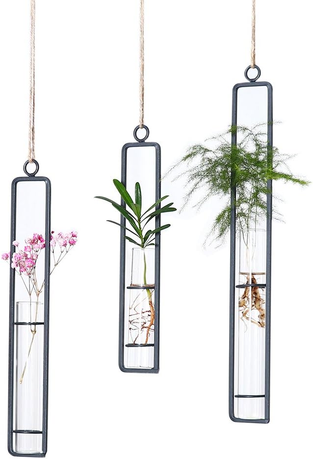 Aoderun Hanging Glass Planter Water Iron Art Hydroponic Vase Transparent Test Tube Flower Hanging Bottle Home Decoration (3pcs-S,M,L) Aoderun