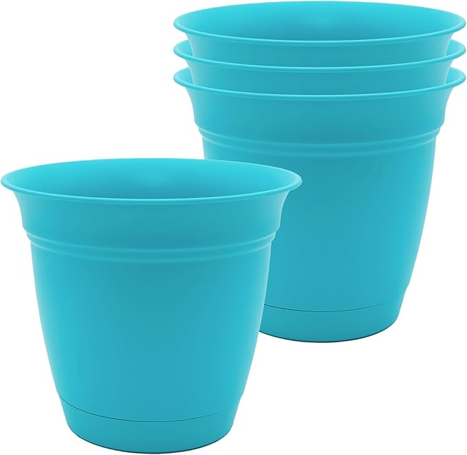 The HC Companies 6 Inch Eclipse Round Planter Pots with Drainage Holes & Attached Saucer, Lightweight UV-Resistant Plastic Indoor & Outdoor Planters, 4-Pack Flower Pots for Garden & Home Decor, Teal TheHCCompanies