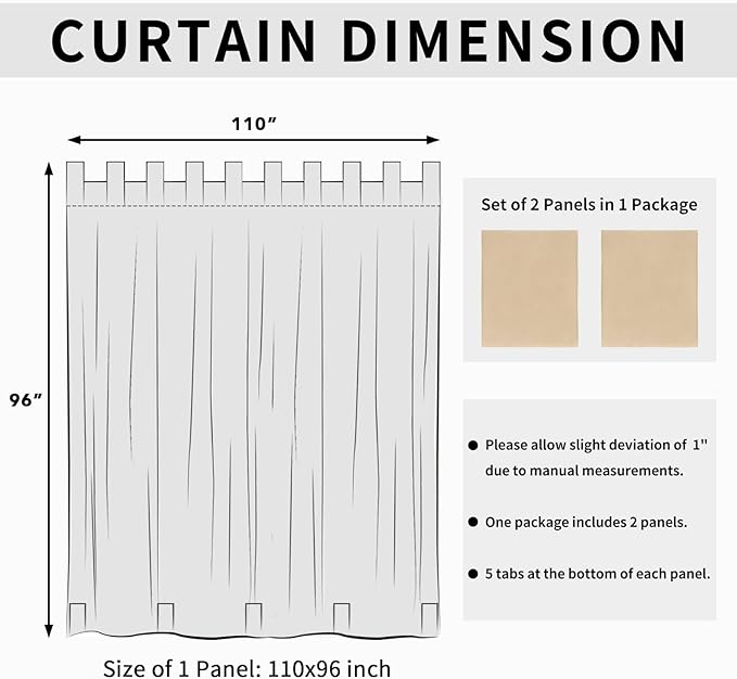Easy-Going Outdoor Patio Curtains Detachable Tab Top Windproof Weatherproof Curtain for Cabana, Porch, Pergola and Gazebo, Tab Bottom Drape, 2 Panels, 110W x 96L inch, Beige Easy-Going