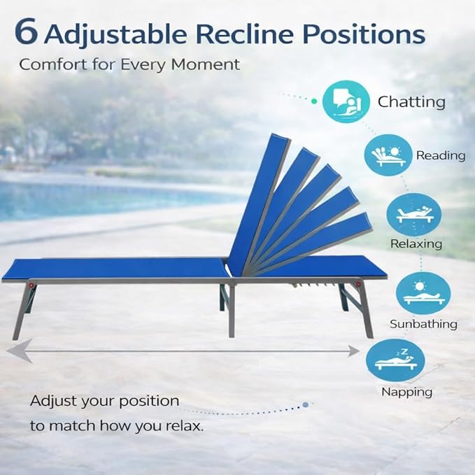 Kozyard Outdoor Foldable Lounge Chair, Aluminum Frame Patio Lounger with 5-Position Adjustable Backrest, Breathable Textilene Fabric, Assemble-Free, Reclining Full-Flat Poolside(Blue) Kozyard