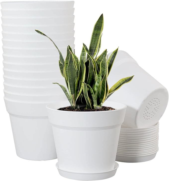 WOUSIWER 16 Pack 6 inch Plastic Planters for Indoor Flower Pots, Heavy Duty and Stylish 6 Inch Plant Pots for Indoor Plants with Drainage Holes and Tray for Plants, Flowers, White WOUSIWER