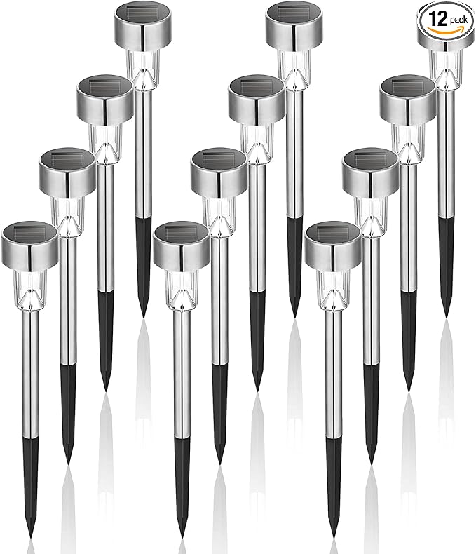 GIGALUMI Solar Lights Outdoor Waterproof, 12 Pack, Stainless Steel LED Solar Garden Lights for Patio, Lawn, Yard and Landscape, Cold White GIGALUMI