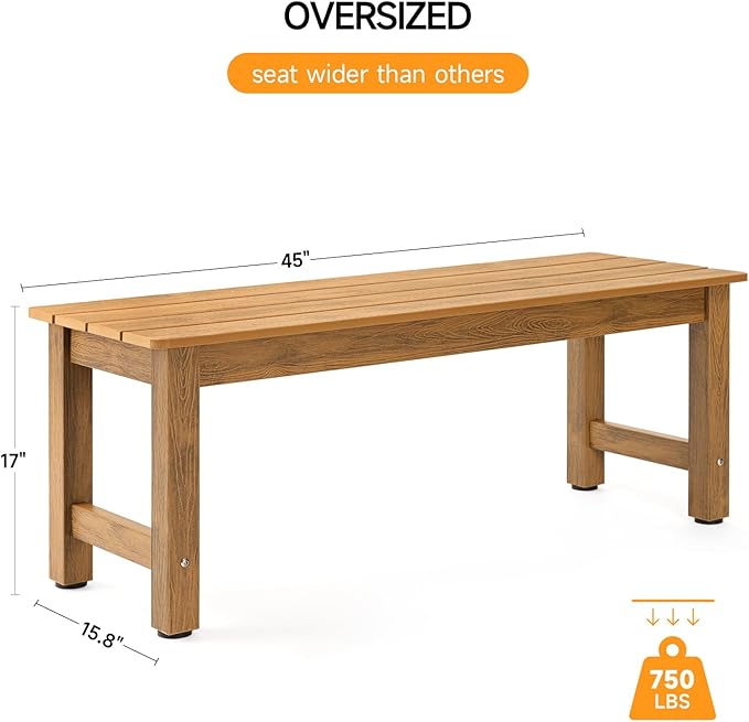 ONBRILL Outdoor Benches Weatherproof, 2-Person Poly Lumber Garden Bench, All-Weather Patio Bench Will not Rot and Fade for Garden, Porch, Backyard and Park, Easy Installation, Teak ONBRILL