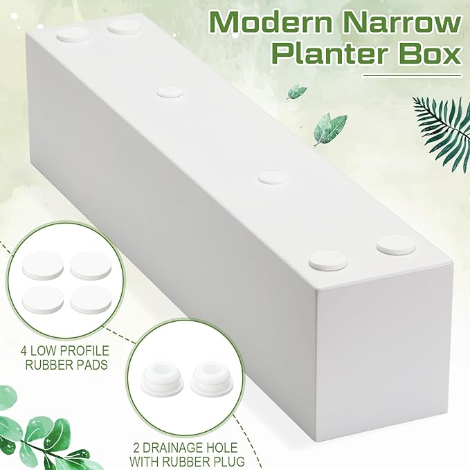 16.1 x 3.2 x 3.5 Inch Long Rectangular Planter Box Window Sill Plant Box Metal Water Trough Indoor Large Modern Steel with Drainage Holes Herb Garden Home(White) FillTouch