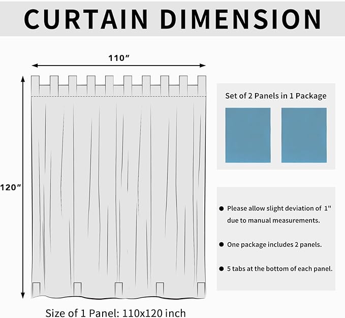 Easy-Going Outdoor Patio Curtains Detachable Tab Top Windproof Weatherproof Curtain for Cabana, Porch, Pergola and Gazebo, Tab Bottom Drape, 2 Panels, 110W x 120L inch, Sky Blue Easy-Going