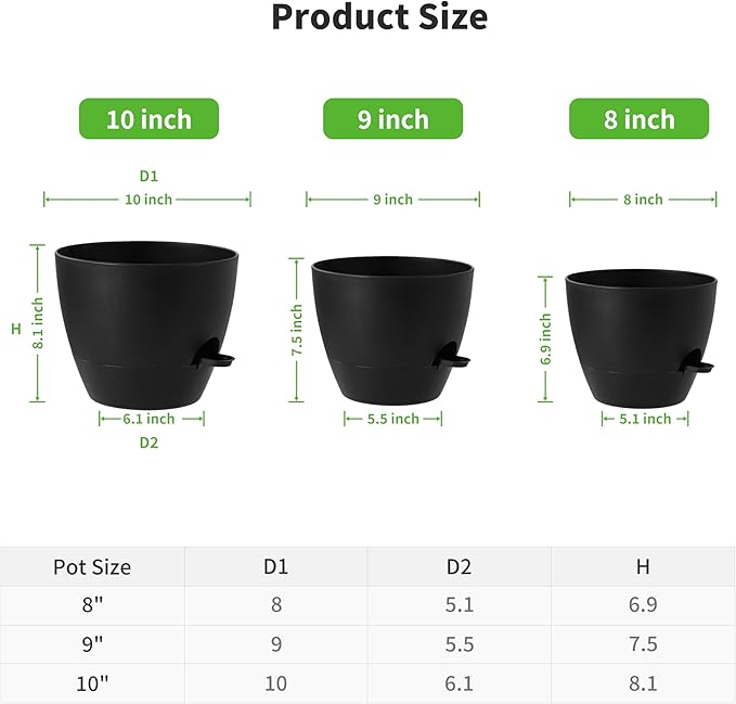 FaithLand 3-Pack Planter Pots, 10 9 8 Inch Self Watering Flower Pots for Indoor Outdoor Garden Plants, Black FaithLand