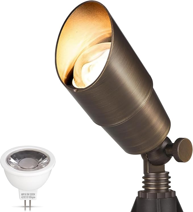 Gardencoin Solid Brass Outdoor Landscape Spotlight, 12V Low Voltage LED Spot Light Waterproof for Garden and Yard Uplighting, Bronze Heavy Duty Accent Lighting Fixture with 2700K Bulb, Single Gardencoin