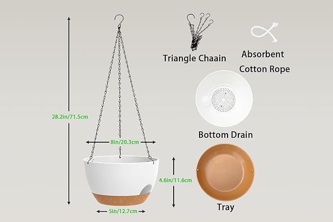 Hanging Planters 3-Pack, 8 Inch Self-Watering Hanging Pots with Drainage Hole and Chains, Plastic Planters for Indoor Outdoor（White Brown） Rootora