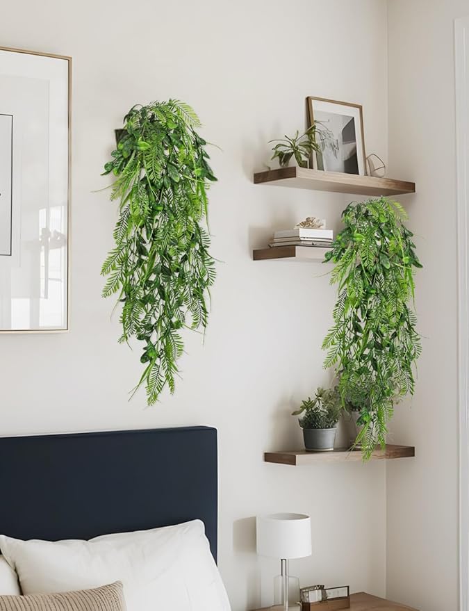 Hollyone 2pcs Artificial Hanging Plant 36" Faux Ferns Artificial Plastic Greenery Ivy Leaves Fake Vines for Wall Farmhouse Living Room Kitchen Shelf Garden Home Patio Indoor Outdoor Decor Hollyone
