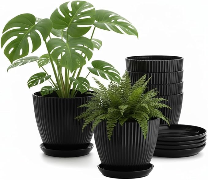 7.5 Inch Black Thickened Plastic Plant Pots with Saucers, 6-Pack Modern Seedling Planters for Indoor Outdoor Plants, Durable Heavy-Duty PP Material for Herbs Flowers Vegetables (＜8 inch) RooTrimmer