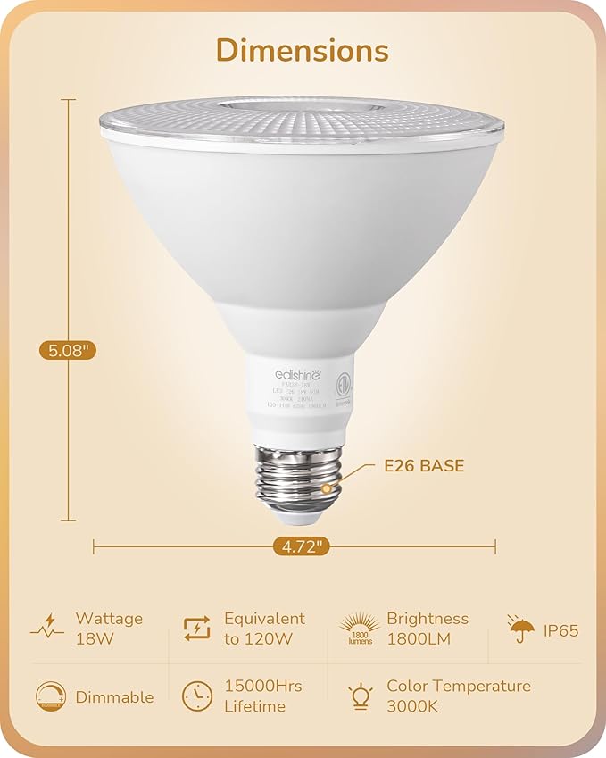 EDISHINE Flood Light Bulbs, PAR38 LED Outdoor Flood Light Bulbs, 120W Equivalent Dimmable Waterproof for Patio Yard Porch Driveway Garage, 3000K Warm Light 18W 1800LM E26 Base, 4 Pack, ETL Listed EDISHINE