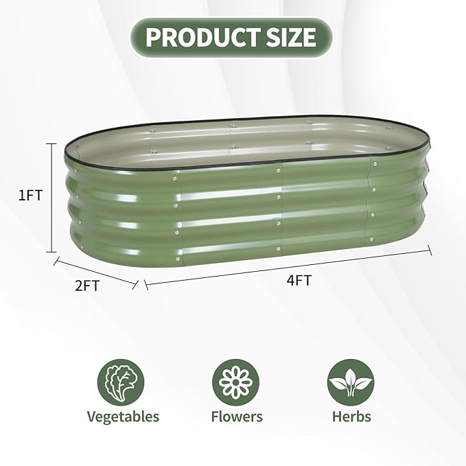 1MORE Galvanized Raised Garden Bed- Planter Garden Boxes Outdoor, Raised Beds for Gardening, 4x2x1ft Metal Garden Bed Kit for Vegetables Flower, Planter Raised Beds with Tools.Green 1MORE
