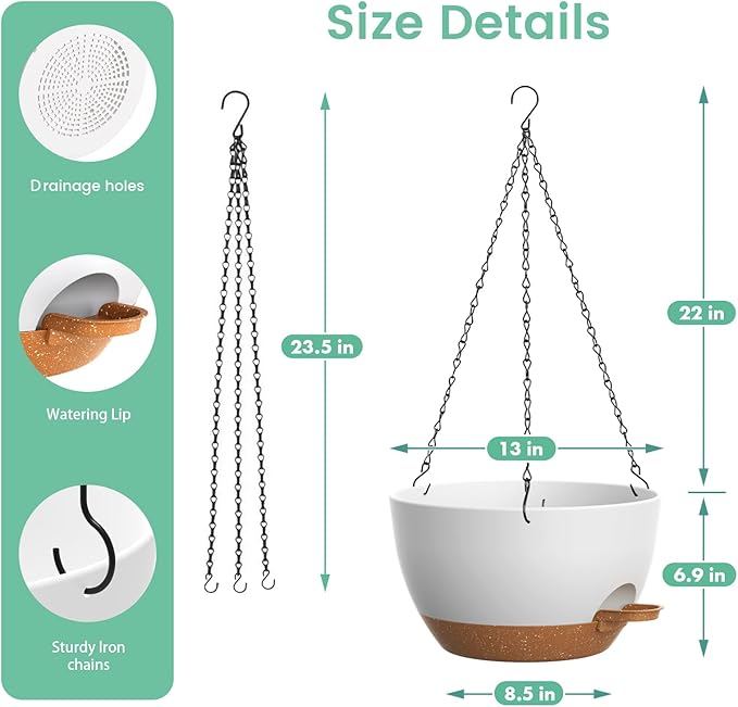 13 Inch 2 Pack Large Self Watering Hanging Planters for Indoor Outdoor Plants, Hanging Plant Pots with Removable 50 Oz Reservoir, Plastic Hanging Basket for Window Porch Garden, White with Brown UOUZ