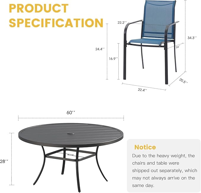 VICLLAX Large Patio Dining Furniture Set, Outdoor Dining Set for 10-60" Round Outdoor Table and Patio Stackable Chairs, Black Tabletop and Blue Fabric HOME