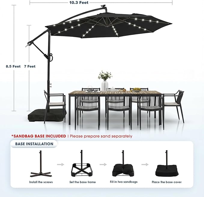 wikiwiki 10ft Solar LED Patio Umbrella with Base Included, Offset Umbrella with Weighted Sandbag Base, Cantilever Patio Umbrellas for Backyard, Garden & Deck, 32 LED Lights & Polyester Shade, Black WikiwikiPatioUmbrellas