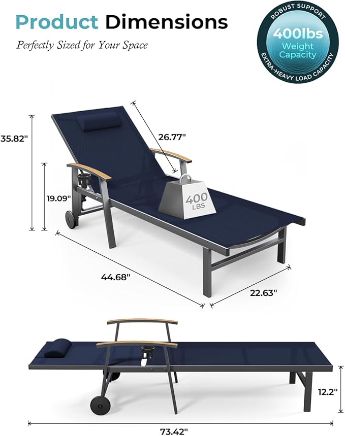 Ciokea Outdoor Lounge Chair with Pillow, 5-Position Aluminum Chaise Lounge with Wheels & Armrests, 400 lbs Heavy Duty Patio Pool Chair for Deck, Backyard, Beach & Poolside, Navy Blue CIOKEA