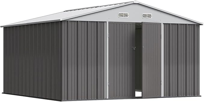 Greesum 10×10FT Outdoor Storage Shed, Metal Patio Storaged Sheds with Lockable Doors, Sheds & Outdoor Storage for Bike, Backyard, Pool and Garden, Gray BuynowfromGreesum