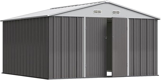 Greesum 10×10FT Outdoor Storage Shed, Metal Patio Storaged Sheds with Lockable Doors, Sheds & Outdoor Storage for Bike, Backyard, Pool and Garden, Gray BuynowfromGreesum