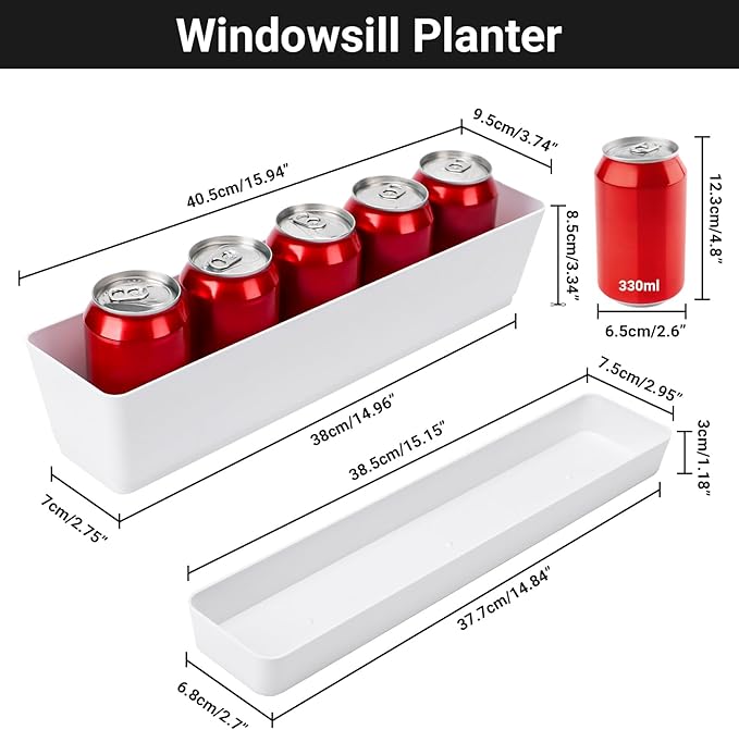 GREANER Long Window Boxes Planters, 6 Pack 16x3.8 Inch Vegetable Box Pot with Tray, Indoor Succulent Cactus Flowers Plastic Rectangle Pot for Balcony, Office, Garden, Outdoor, Windowsill - White GREANER