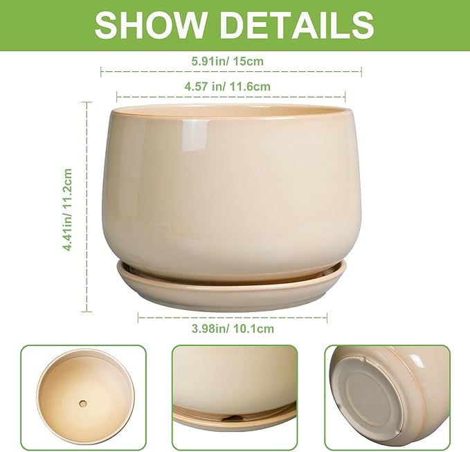 G EPGardening Ceramic Pot for Plants - 6 Inch Planter with Drainage and Ceramic Saucer, Flower Pots for Indoor Plants, Modern Outdoor Planter, Home Decor, Gift for Women Men, Beige GEPGardening