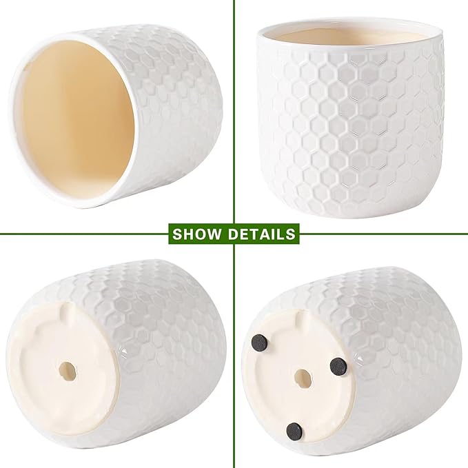 Docrin Plant Pots Indoor with Drainage: 6.4+5.3+4 Inch Ceramic Flower Pots for Plants - Set of 3 Modern Decorative Planters for House/Office/Gift - White Honeycomb DOCRIN