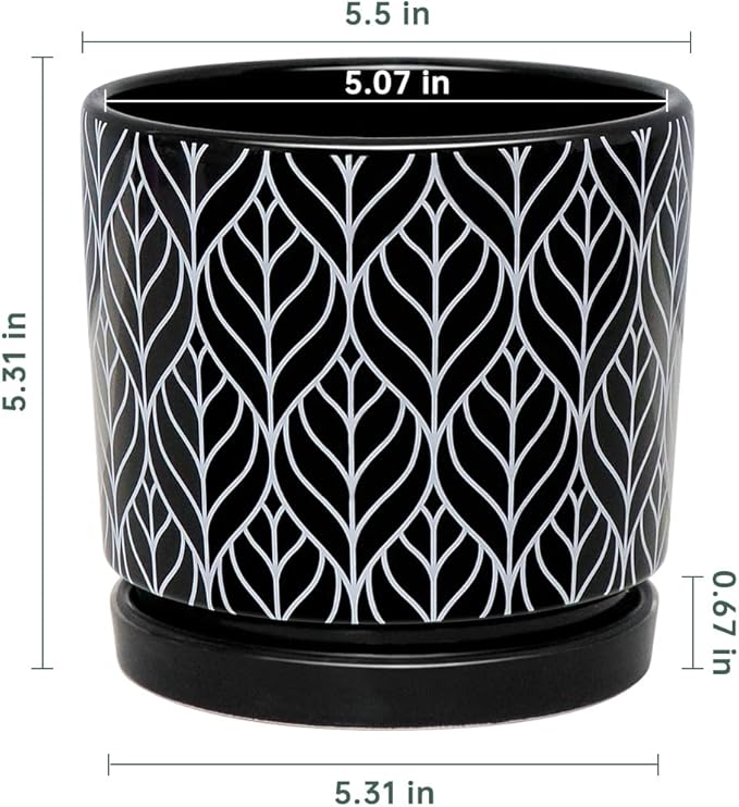 Ton Sin Flower Pots,5.5 Inch Black Ceramic Planter with Drainage Hole,Indoor Cylinder Plant Pots with Saucer,Cactus Succulent Outdoor Garden Pots Set of 4 TonSin