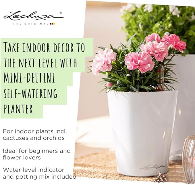 Lechuza MINI-DELTINI Cream White High Gloss, Self-Watering Small Indoor Planter, H5.1 L3.9 W3.9, 0.4L in LECHUZA