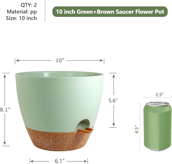10 inch Self Watering Pots, 2 Pack Plastic Planters with Mesh Drainage Holes for Garden Plants and Flower, Plants Pots with Deep Reservoir for Indoor Outdoor Plants, Green with Brown WSMKSZ