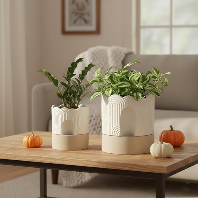 Nihow Self Watering Plant Pot for Indoor Plants : 6 Inch & 8 Inch Ceramic Planter with Drainage Hole & Water Storage - Relief Design Beige & Nature Flower Pot -Set of 2 Nihow