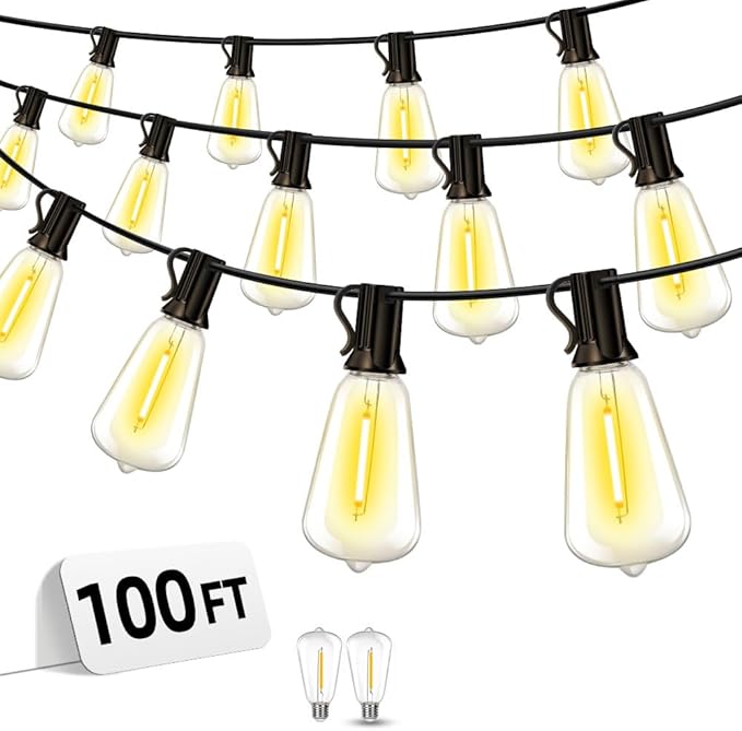 Outdoor Patio String Lights 100ft: ST38 LED Shatterproof Bulbs 3 Modes Button Control - Waterproof Connectable Lights - Wedding Bistro Party Gazebo Backyard Decorative Vozuji