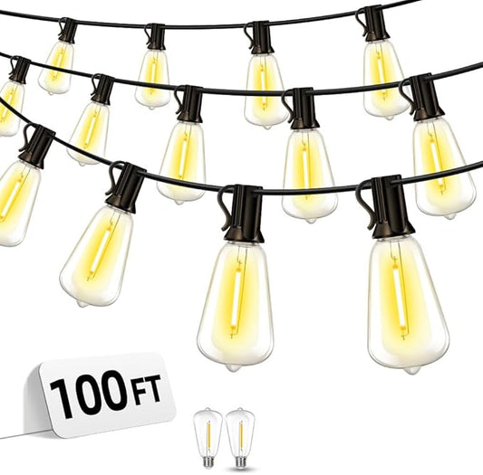 Outdoor Patio String Lights 100ft: ST38 LED Shatterproof Bulbs 3 Modes Button Control - Waterproof Connectable Lights - Wedding Bistro Party Gazebo Backyard Decorative Vozuji