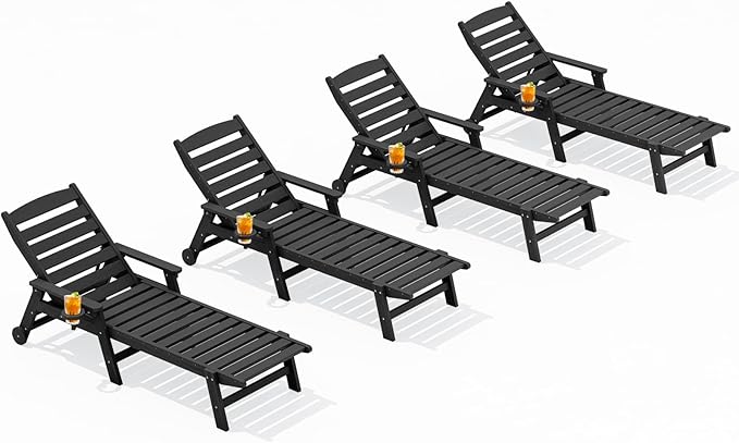 SERWALL Patio Chaise Lounge Chair Set of 4, 5 Positions Adjustable Poly Outdoor Lounger for Pool, HDPE Lounge Chair with Rolling Wheels & Cup Holder for Poolside, Deck, Obsidian Black SERWALL