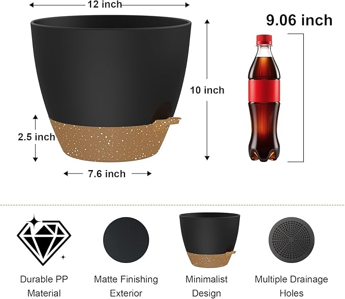12 Inch Large Self Watering Pots, Flower Pots with Multi-Mesh Drainage Holes and Saucer, Planters for Indoor and Outdoor Garden Plants (Black with Brown) Rootora