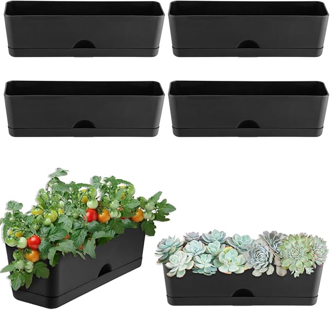 6 Pack Rectangle Planter 16x4.4 Inch Window Boxes Planters Rectangular Large Window Sill Planters Indoor Self Watering Plant Pots with Drainage Holes and Saucers Succulent Herb Flower Pots, Black KvyusFlourish