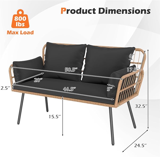 Tangkula Patio Wicker Loveseat, Outdoor Rattan 2-Seat Cushioned Sofa with Heavy Duty Metal Frame, for Backyard,Porch,Poolside (Black) TANGKULA