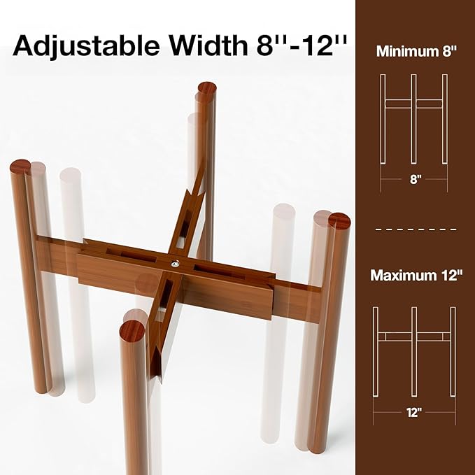 MUDEELA Plant Stand for Indoor Plants: Adjustable Width Fits 8-12 Inch Pots - Mid-century Modern Bamboo Plant Stand - 14.5 Inch Single Tier Small Floor Plant Holder, Dark Brown, 2 Pack (Without Pot) MUDEELA