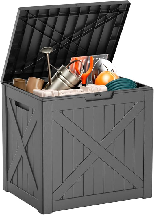 ROJIK 32 Gallon Outdoor Storage Housing Deck Box,Waterproof Patio Furniture, Garden Tools, Cushions, Pool Accessories Storage Bench with Lockable Lid and Side Handles(Black) ROJIK