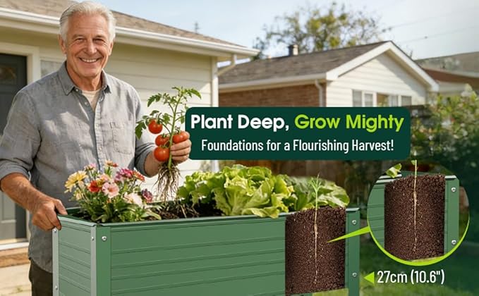 2-Pack Raised Garden Beds - Galvanized Steel Planter Boxes, 400 lb Capacity, 5 Drainage Holes & 2 Flow Channels, Elevated Garden Bed with Mesh Bottom for Outdoor Gardening Rootora