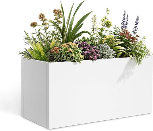 Galvanized Steel Garden Planter 36” x 12” x 16” White Metal Planter Box Modern Metallic Heavy Planter Indoor & Outdoor, Commercial & Residential (White, L36 x W12 x D16) DISCOVERINGBEAUTY