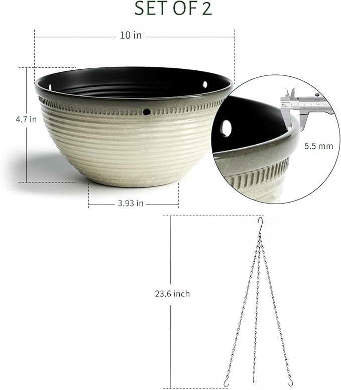 2 Pack Hanging Planters for Indoor Outdoor Plants, 10 Inch Hanging Planter with Drainage Hole & Plug Glazed Hanging Baskets Flower Pots for Garden Home (Off-White) Vanslogreen