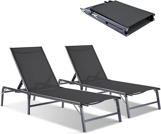 Outdoor Chaise Lounge Chair Set of 2, Foldable & Assemble-Free, 6 Adjustable Positions, Durable Rust-Resistant Frame, Portable Outdoor Pool Lounge Chairs for Pool Patio Beach, Black HOMELYM
