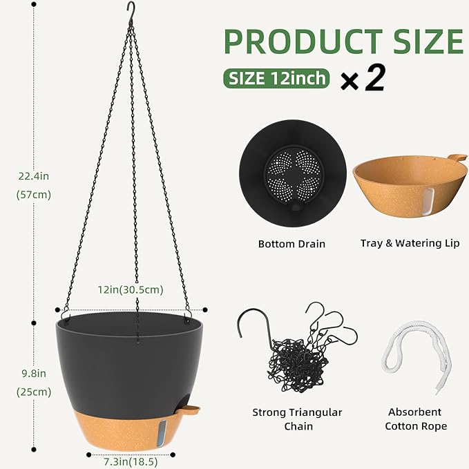 ZMTECH 12 Inch Hanging Planters for Indoor Outdoor Plants, 2 Pack Self Watering Hanging Plant Pots with Drainage Hole, Visual Reservoir, Plastic Flower Hanging Pots with Watering Lip (Black) HighQualityGardeningTools
